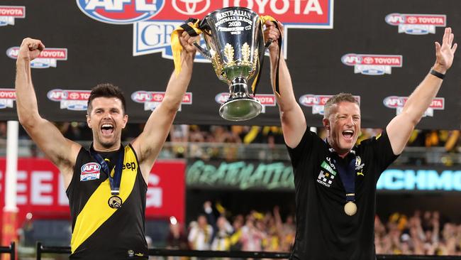 Damien Hardwick and Trent Cotchin celebrate their third premiership. Picture: Michael Klein