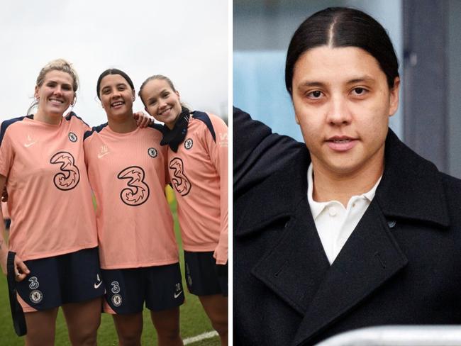 Samantha Kerr poses with Chelsea football club teammates Millie Bright and Guro Reiten. Picture: Chelsea Women's Football, instgram.