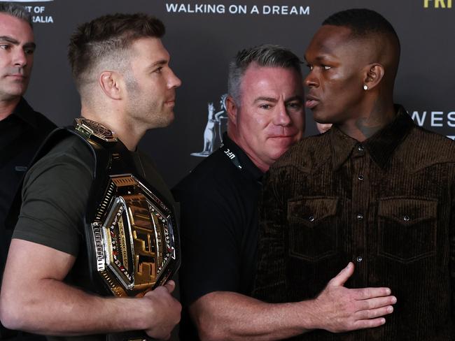 PERTH, AUSTRALIA - JULY 03: Dricus du Plessis - UFC middleweight champion and Israel Adesanya - No.2 UFC middleweight stare off during the UFC 305 On Sale Press Conference on July 03, 2024 in Perth, Australia. (Photo by Will Russell/Zuffa LLC)