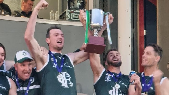 Echuca's Kane Morris and co-coach Andrew Walker lift the Goulburn Valley premiership cup in 2022. It was Walker’s first as coach. Picture: Goulburn Valley FNL