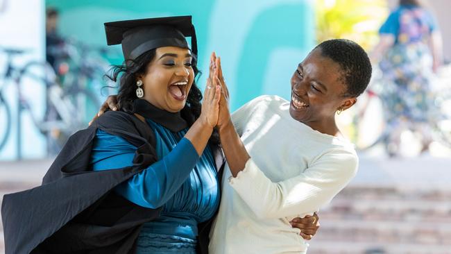 Grace Evelyn and Valerie Balu at the 2025 Graduation ceremony held at Charles Darwin University on May 20, 2025. Picture: Pema Tamang Pakhrin
