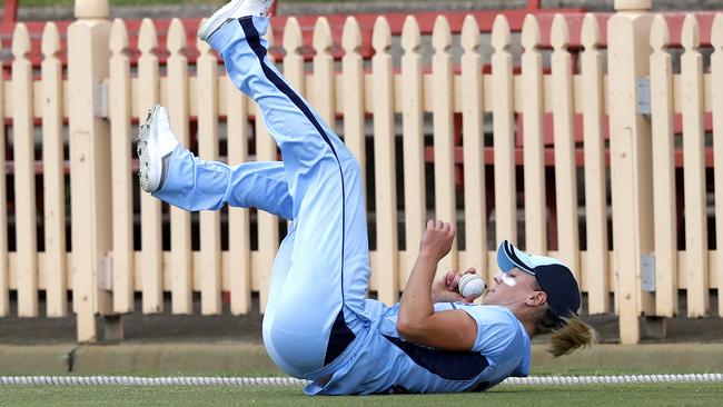 Ellyse Perry from the NSW Breakers takes a catch during the Women's National Cricket League (WNCL) One-Day Final match between the NSW Breakers and the Queensland Fire. Picture: AAP/David Gray