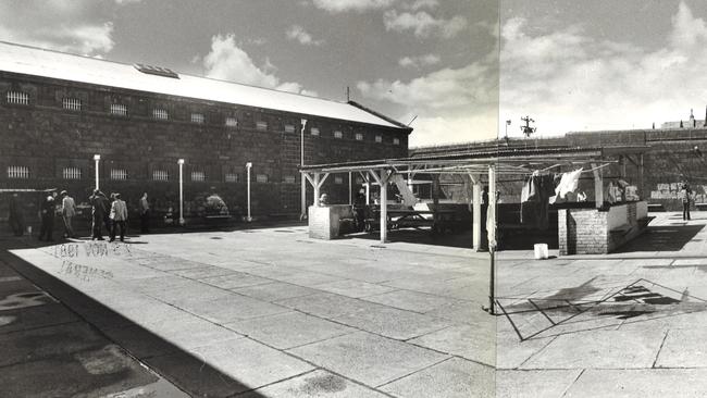 The B Division exercise yard at Pentridge Prison. Peter Gibb escaped from the cell window after removing two window bars in November 1981.