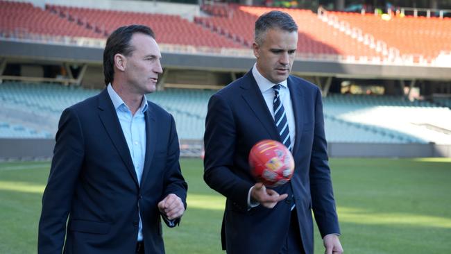 Premier Peter Malinauskas and AFL chief executive Andrew Dillon at Adelaide Oval in July. Picture: Dean Martin