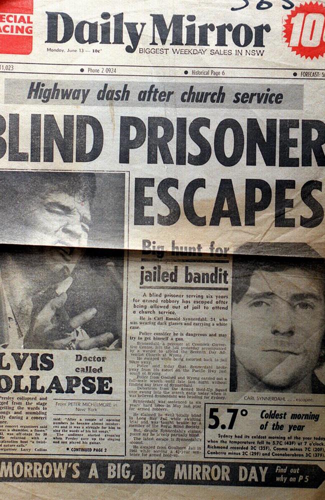 Front page of the Daily Mirror, June 13, 1977, showing Carl Synnerdahl who fooled prison doctors into believing he was blind before making his escape.