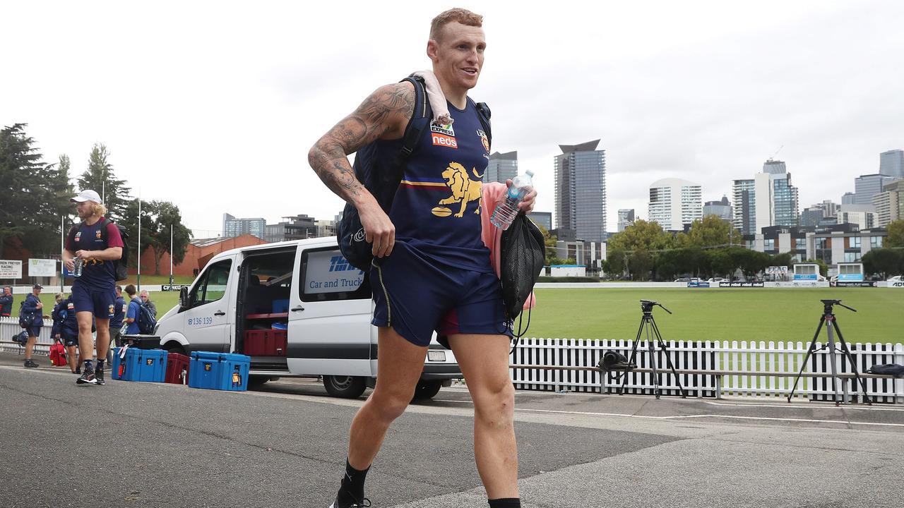 Mitch Robinson and Brisbane players arrive for training at North Port Oval, Port Melbourne. Picture: Michael Klein