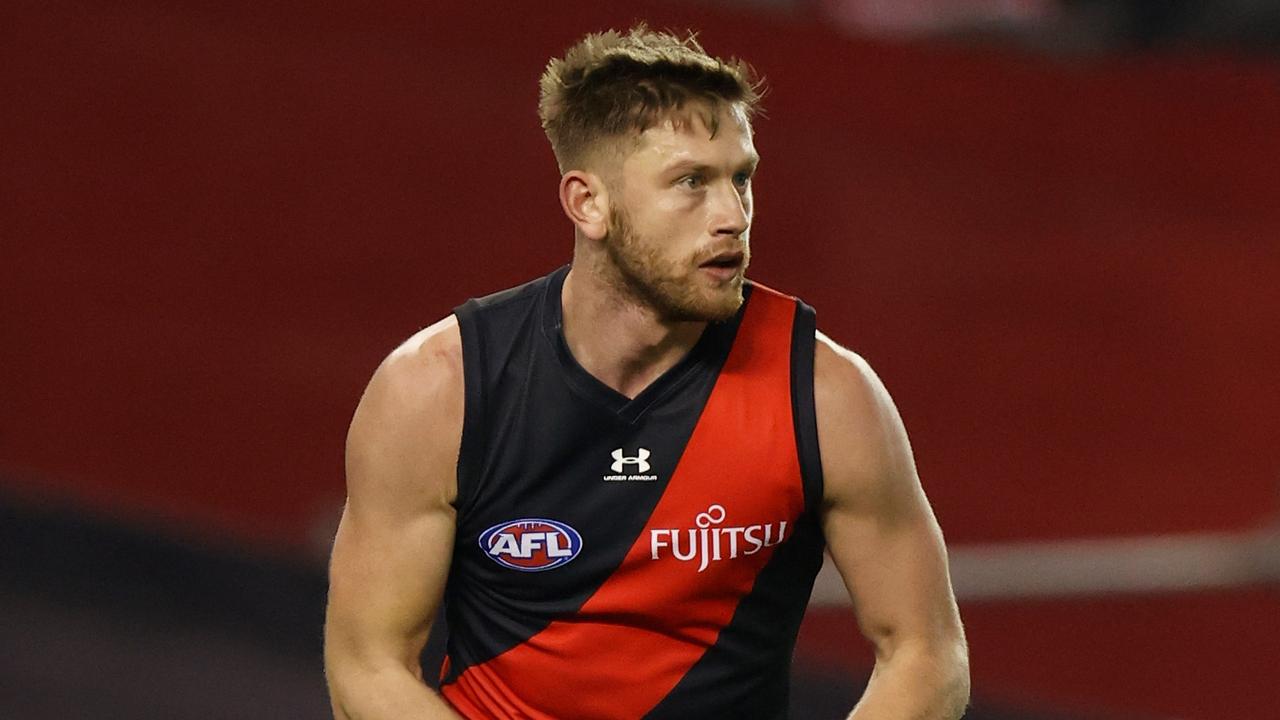 MELBOURNE, AUSTRALIA - JULY 09: Jayden Laverde of the Bombers in action during the 2021 AFL Round 17 match between the Essendon Bombers and the Adelaide Crows at Marvel Stadium on July 9, 2021 in Melbourne, Australia. (Photo by Michael Willson/AFL Photos via Getty Images)