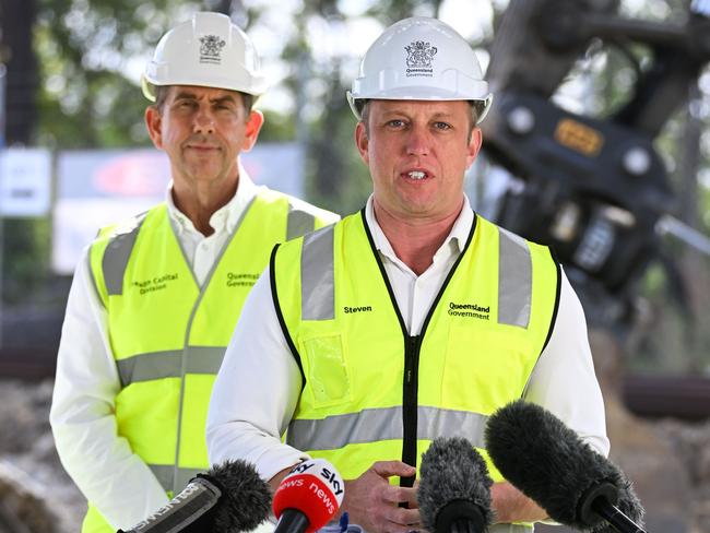 Queensland Premier Steven Miles and Deputy Premier Cameron Dick during a visit to the Coomera Hospital project site on Wednesday. Picture: Dan Peled / NewsWire