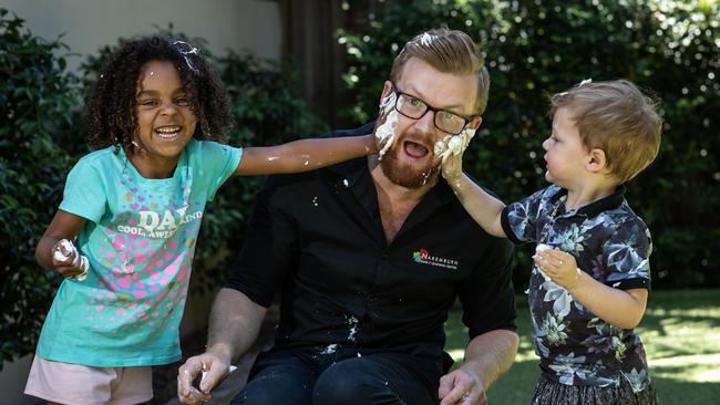 Jake Beesley at the Naremburn Early Learning Centre with Isabella Harris (5) from Lane Cove and Leo Crilly (3) from Crows Nest. Photo: Julian Andrews.