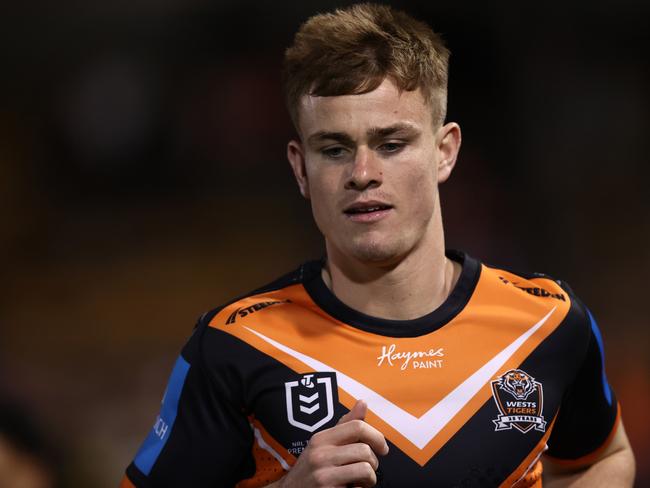 SYDNEY, AUSTRALIA - AUGUST 22: Lachlan Galvin of the Wests Tigers warms up ahead of the round 25 NRL match between Wests Tigers and Manly Sea Eagles at Leichhardt Oval on August 22, 2024 in Sydney, Australia. (Photo by Jason McCawley/Getty Images)