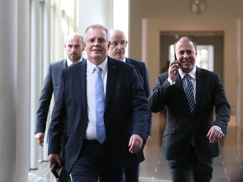 Scott Morrison and Josh Frydenberg after winning the vote in the Liberal Leadership spill at Parliament House in Canberra. Picture Kym Smith
