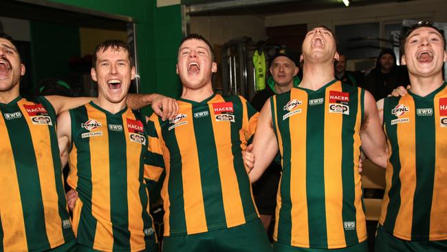 EFNL 2024: Mooroolbark sings the song after its upset win over Beaconsfield. Picture: Davis Harrigan