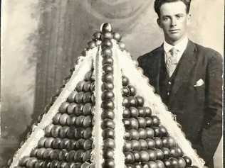 Douglas Gow at the 1928 Show with his first place Apple Pyramid. Picture: Contributed