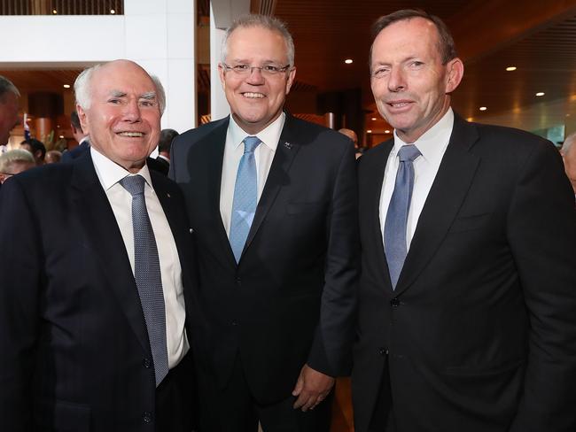 Former Prime Minister John Howard, Prime Minister Scott Morrison and Former Prime Minister Tony Abbott. Picture: Kym Smith