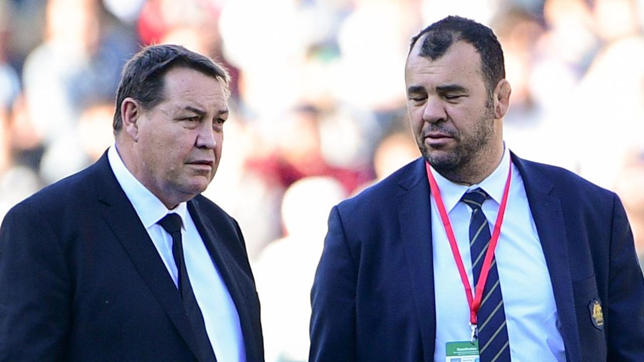 Steve Hansen and Michael Cheika chat before the Bledisloe Cup Test in Yokohama.