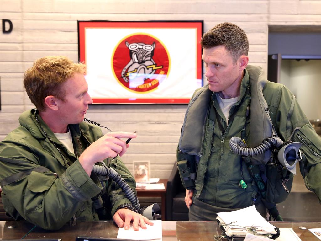 Australian Pilots training in the F35 fighter Jets Luke Airforce Base in Phoenix Arizona. Squadron Leader “Jacko” (R) before a flight. Picture: Nathan Edwards