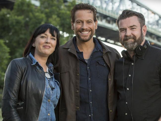 Harrow star Ioan Gruffudd (centre) with Hoodlum Entertainment executives Tracey Robertson and Nathan Mayfield. Picture: Supplied.