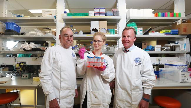 Acting Vice Chancellor of the University of Tasmania Professor Mike Calford, left, Dr Lila Landowski specialising in stroke research and Premier Will Hodgman at the Menzies Institute for Medical Research. Picture: NIKKI DAVIS-JONES