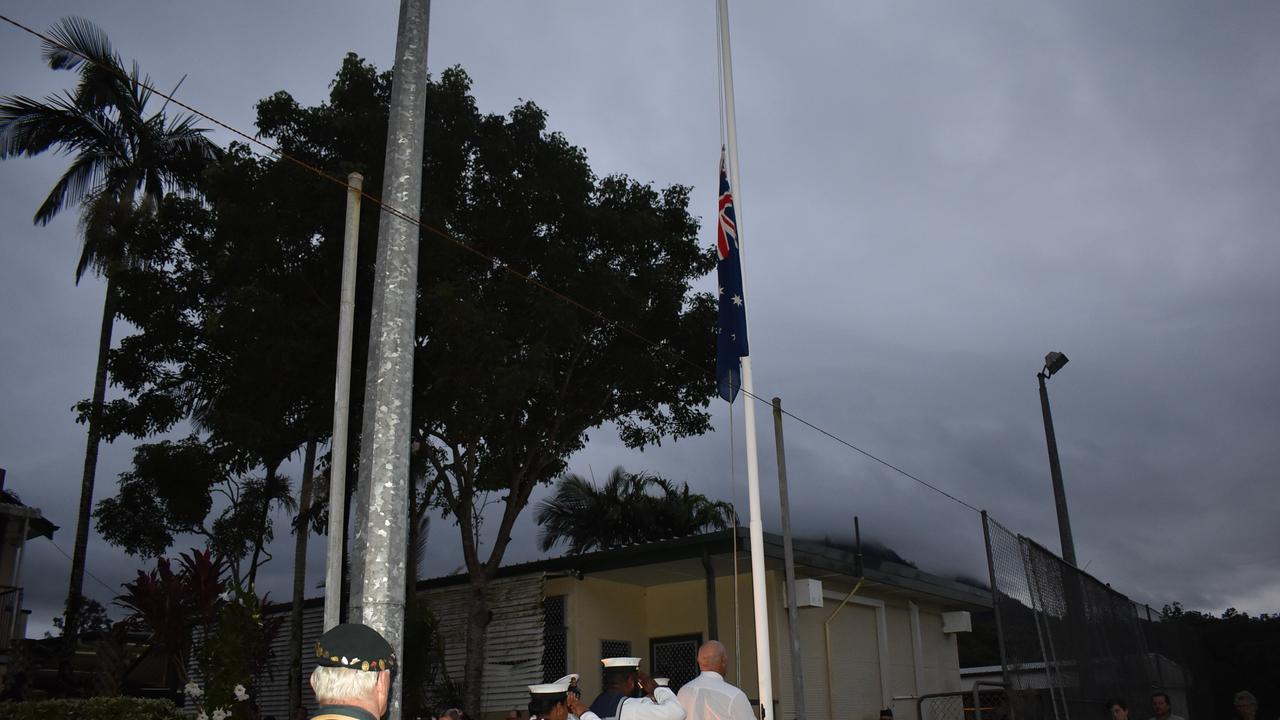 Looking towards the flag at the Kuttabul dawn service at the Hampden State School Remembrance Garden 2021. Picture: Lillian Watkins