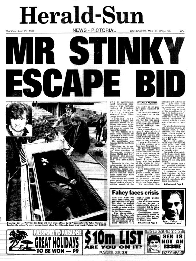 A 1992 <i>Herald Sun </i>front page about Mr Stinky’s escape bid.