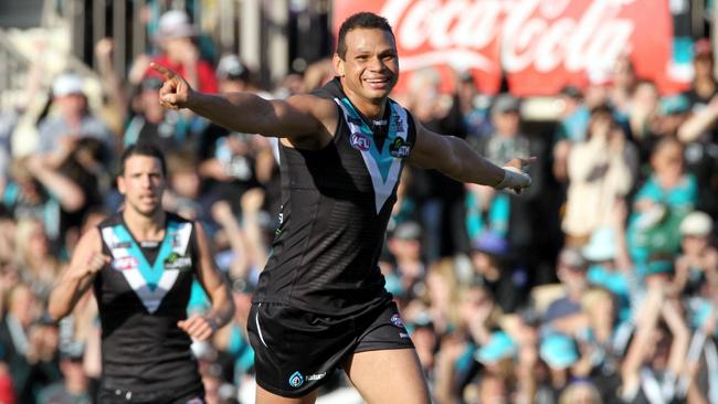 Daniel Motlop celebrates kicking a goal for the Power during a clash against Melbourne in 2011. Picture: NewsCorp