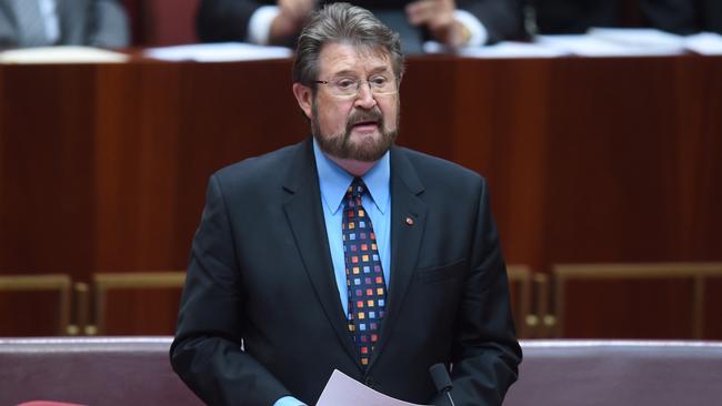 Senator Derryn Hinch speaks in the senate on Monday. Picture: AAP/Lukas Coch