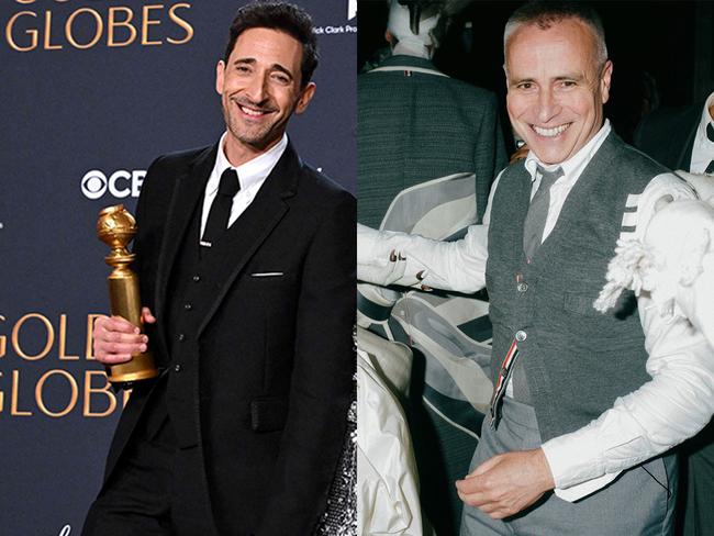 Adrien Brody wearing Thom Browne designed suit (L) and Thom Browne (R). Picture: Robyn BECK / AFP | Corey Tenold (Getty Images)