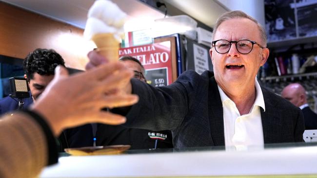 Australian Prime Minister Anthony Albanese orders an ice cream during a visit to Bar Italia in Leichhardt on May 04, 2025 in Sydney, Australia. Picture: Asanka Ratnayake
