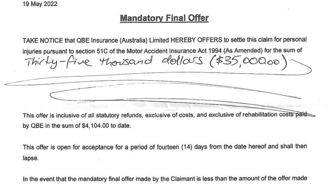 A letter of offer from insurer QBE to Elizabeth Young for $35,000.