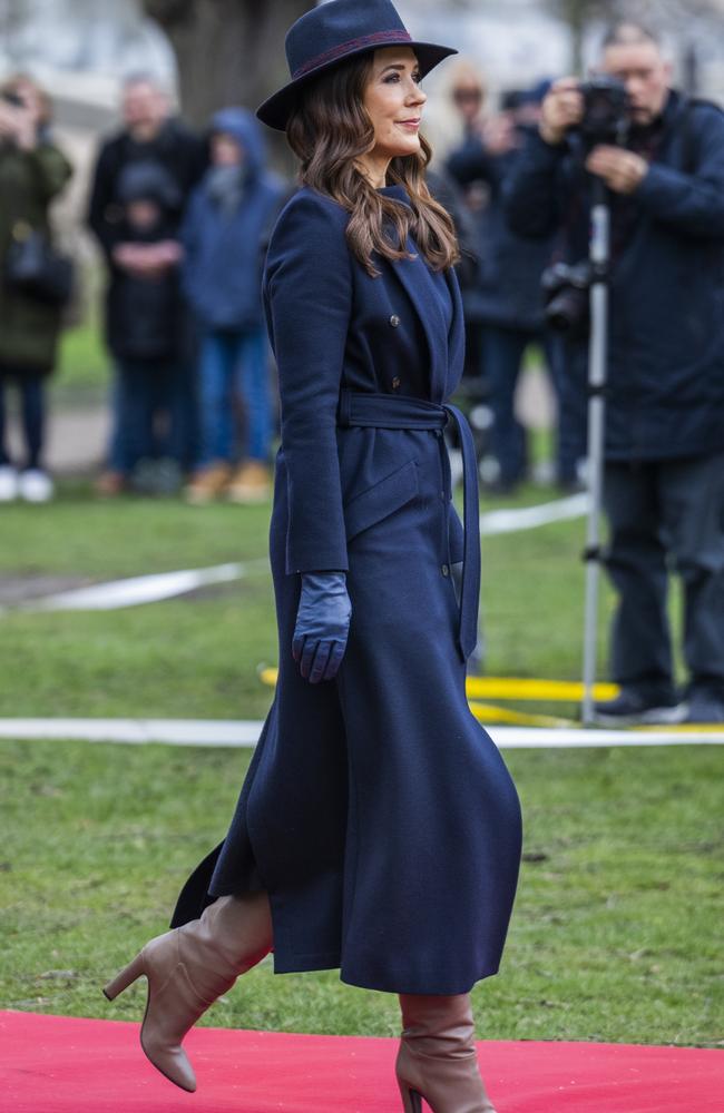 Queen Mary was elegant in an all-navy ensemble and brown boots. Picture: Getty Images