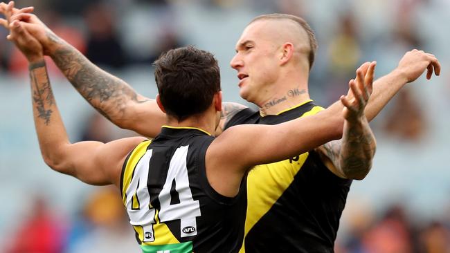 Sydney Stack and Dustin Martin celebrate an early goal. Pic: AAP