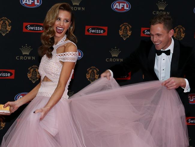 Joel Selwood of Geelong and Brit Davis during the 2016 Brownlow Medal Count Red Carpet Arrivals at Crown Casino on Monday, September 26, 2016, in Melbourne, Victoria, Australia. Picture: Tim Carrafa