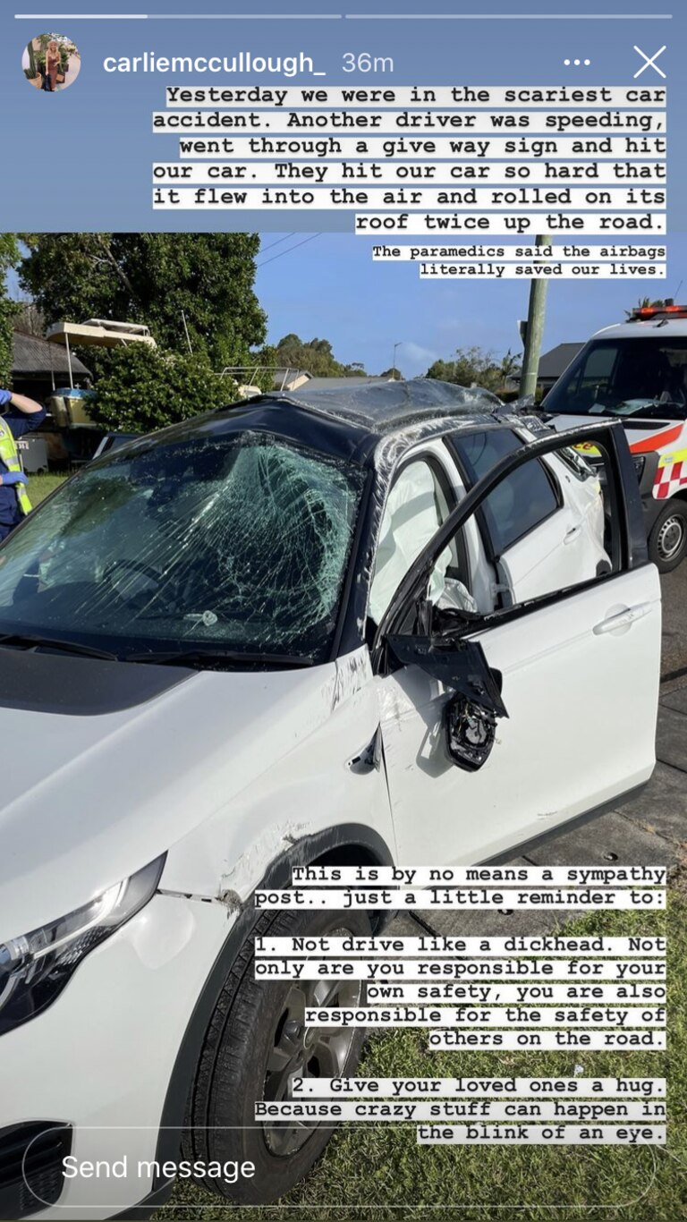 Carlie McCullough shared an image of their damaged car to her Instagram account. Picture: Instagram