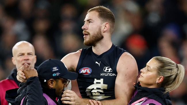 Harry McKay was subbed out and looks certain to miss the Melbourne clash. (Photo by Michael Willson/AFL Photos via Getty Images)