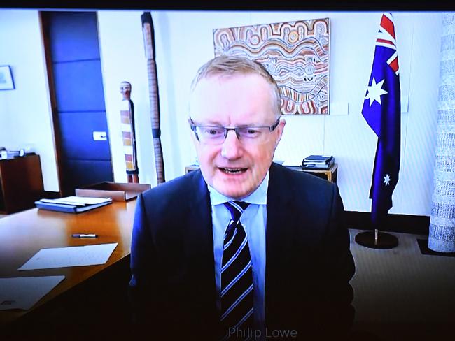 Reserve Bank of Australia Governor Philip Lowe appears by audio visual link at the Senate Inquiry into COVID-19 at Parliament House in Canberra, Thursday, May 28, 2020. (AAP Image/Mick Tsikas) NO ARCHIVING