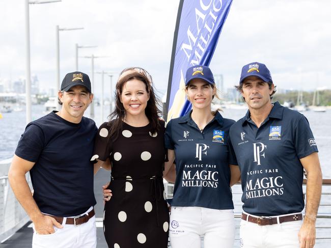 Magic Millions ambassadors Billy and Nicole Slater, Delfina Blaquier and Nacho Figueras on the Gold Coast ahead of the Polo and Showjumping. Picture: Luke Marsden