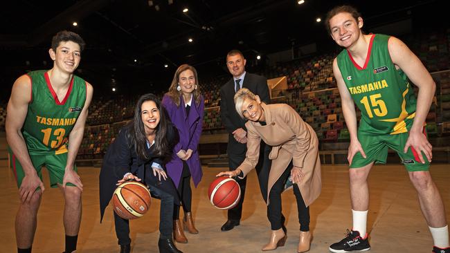 Phoenix Robey, 16, Jane Howlett MP, Glenorchy Mayor Kristie Johnston, Basketball Tasmania CEO Chris McCoy, Elise Archer MP and Luke Brown, 16, at the DEC. Picture: CHRIS KIDD