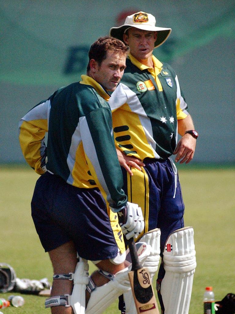 Justin Langer in his player days with Australian opening partner Matthew Hayden. Picture: Matthias Engesser/AAP