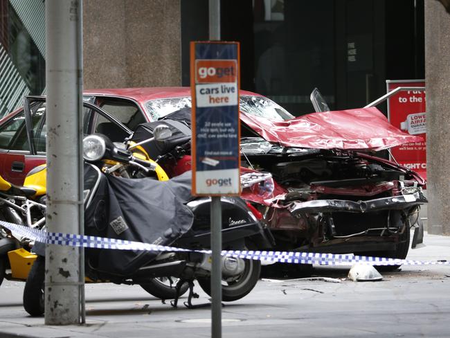 The smashed Holden Commodore. Picture: David Caird