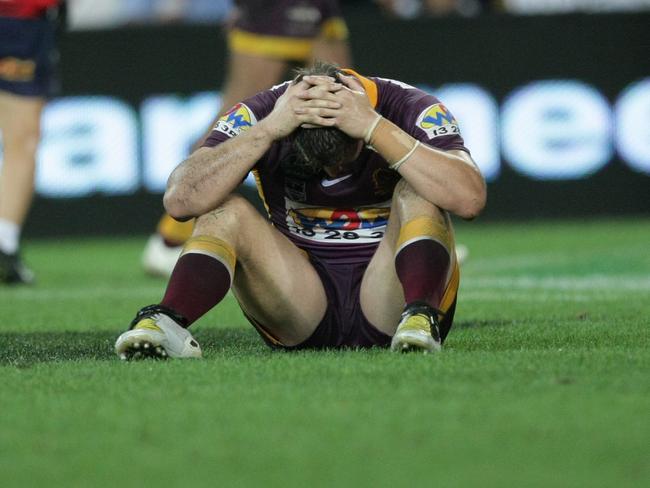 A distraught Ashton Sims following Brisbane’s loss to Melbourne in the 2008 semi-final.