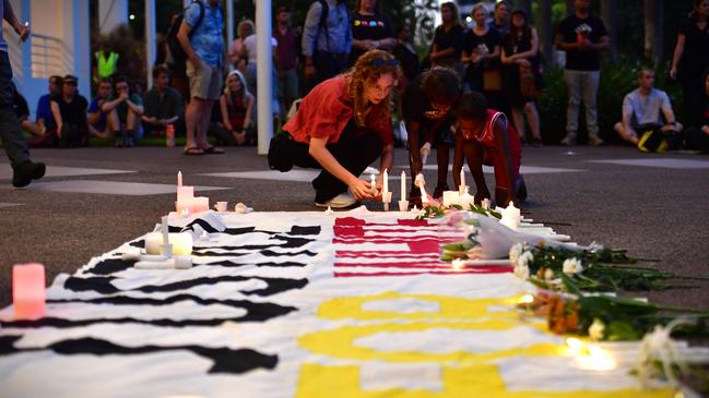 Hundreds of Top End residents gathered outside the NT Parliament on Wednesday for a vigil for Kumanjayi White, a 24-year-old Warlpiri man with a disability who died after being restrained by police in the Alice Springs Coles. Picture: Zizi Averill