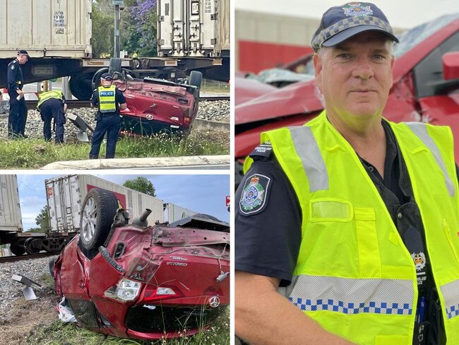 Elderly woman seriously injured in car, train crash