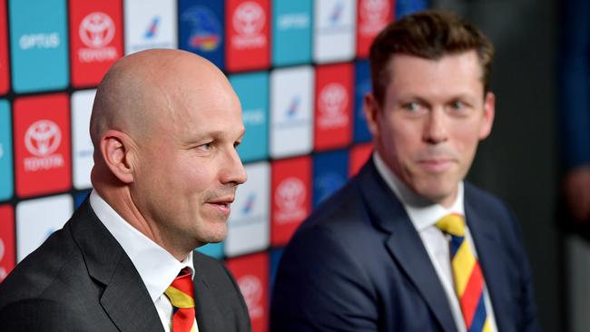 New Crows coach Matthew Nicks with Adelaide chief executive Andrew Fagan at Nicks’s appointment on Tuesday. Picture: Mark Brake/Getty Images