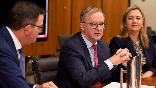 Daniel Andrews, Anthony Albanese and Annastacia Palaszczuk meet with other state premiers for national cabinet in Brisbane. Picture: NCA NewsWire/John Gass