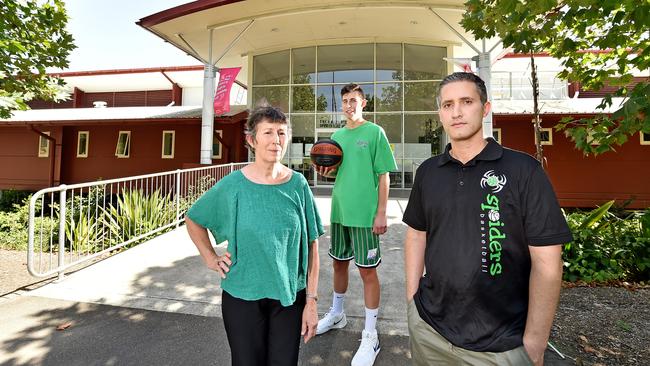 Hornsby Spiders Basketball general manager Vicki Dean, rep player and coach Andrew Searles and president Shahrad Shafaghi at Thornleigh Brickpit Basketball Sports Stadium. Picture: AAP IMAGE / Troy Snook