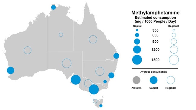 A map showing Australia's estimated average meth consumption in April 2022. Map: National Wastewater Drug Monitoring Program report October 2022.