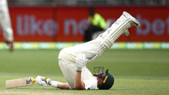 Marcus Harris copped a nasty blow to the helmet. Picture: Getty