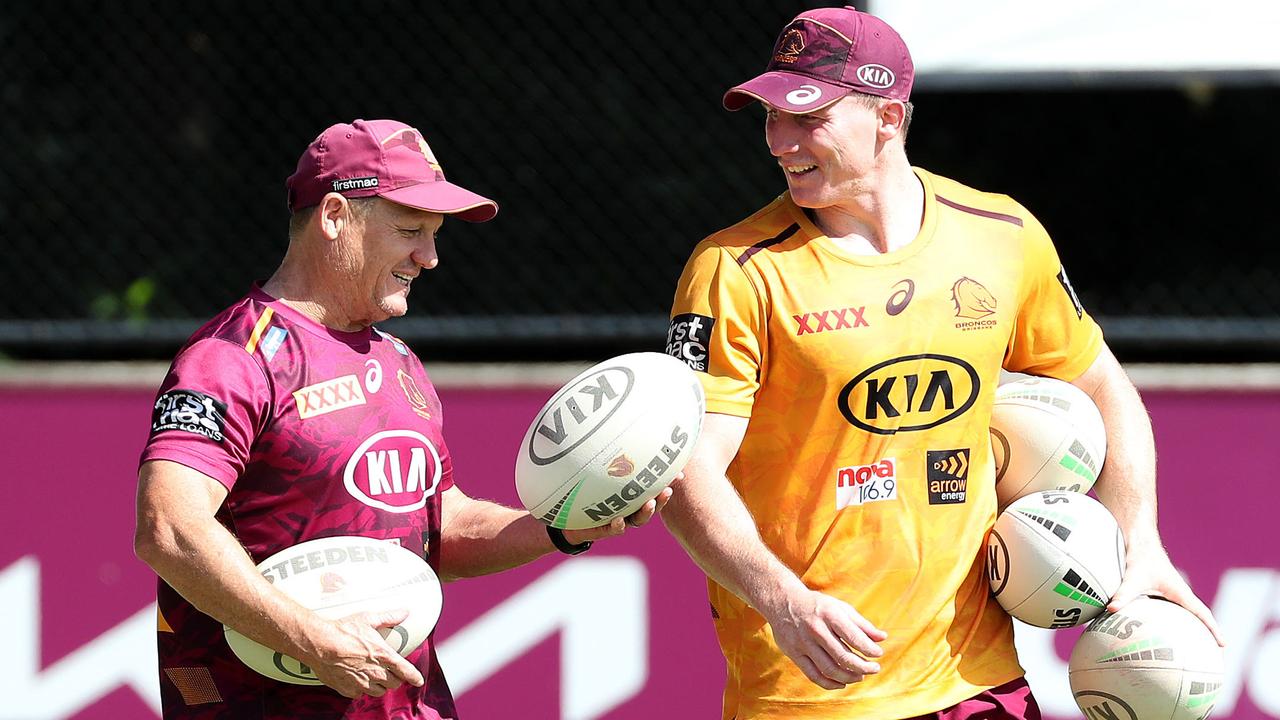 Tyson Gamble (right) dropped a bombshell on coach Kevin Walters (left) last year by saying halfback Adam Reynolds really ran the show at Brisbane.