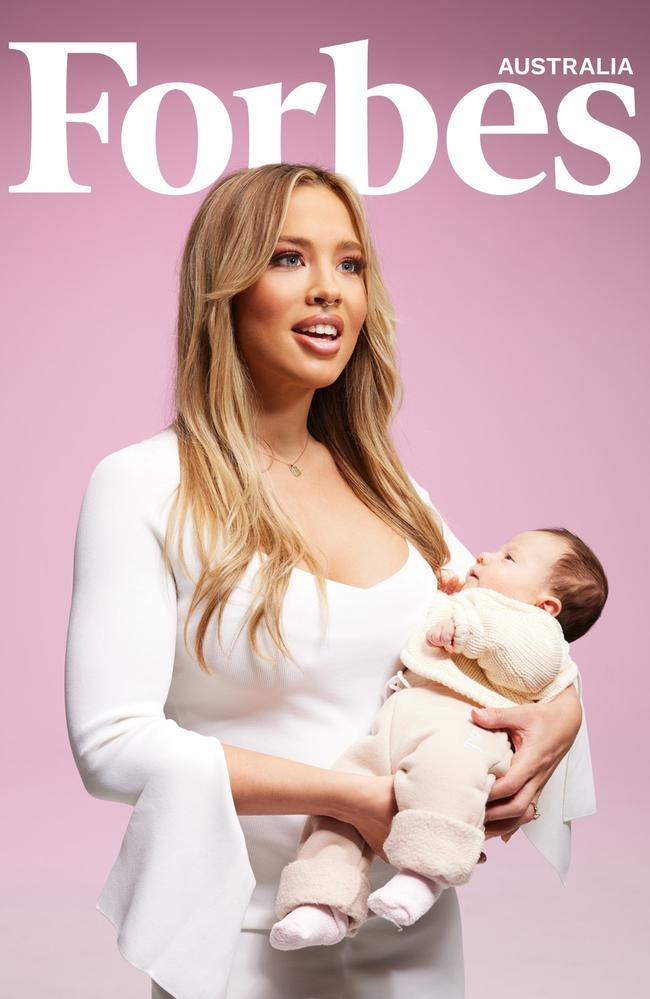 Fitness influencer Tammy Hembrow has fronted the digital cover of Forbes Australia’s inaugural issue alongside her newborn daughter Posy Poole. Picture: Forbes Australia