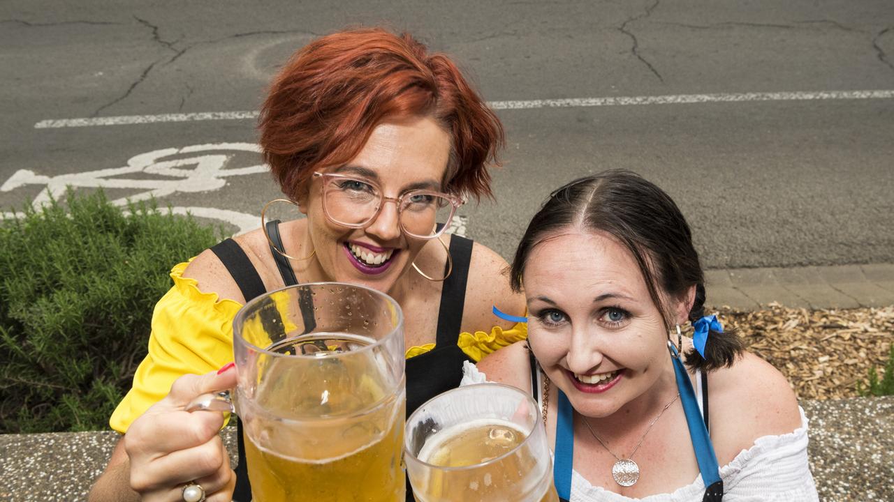 Renay Marshall (left) and Codie McKeon at The Brewhouse as 4 Brothers Brewing and Konig's Biergarten Toowoomba join forces to celebrate Oktoberfest, Saturday, October 23, 2021. Picture: Kevin Farmer